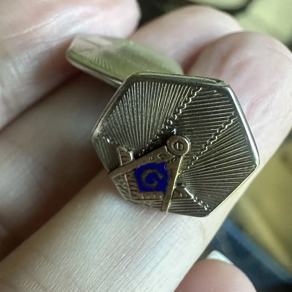 Antique Art Deco Single Cufflink David Belais 14K White Yellow Gold Masonic 2.9g